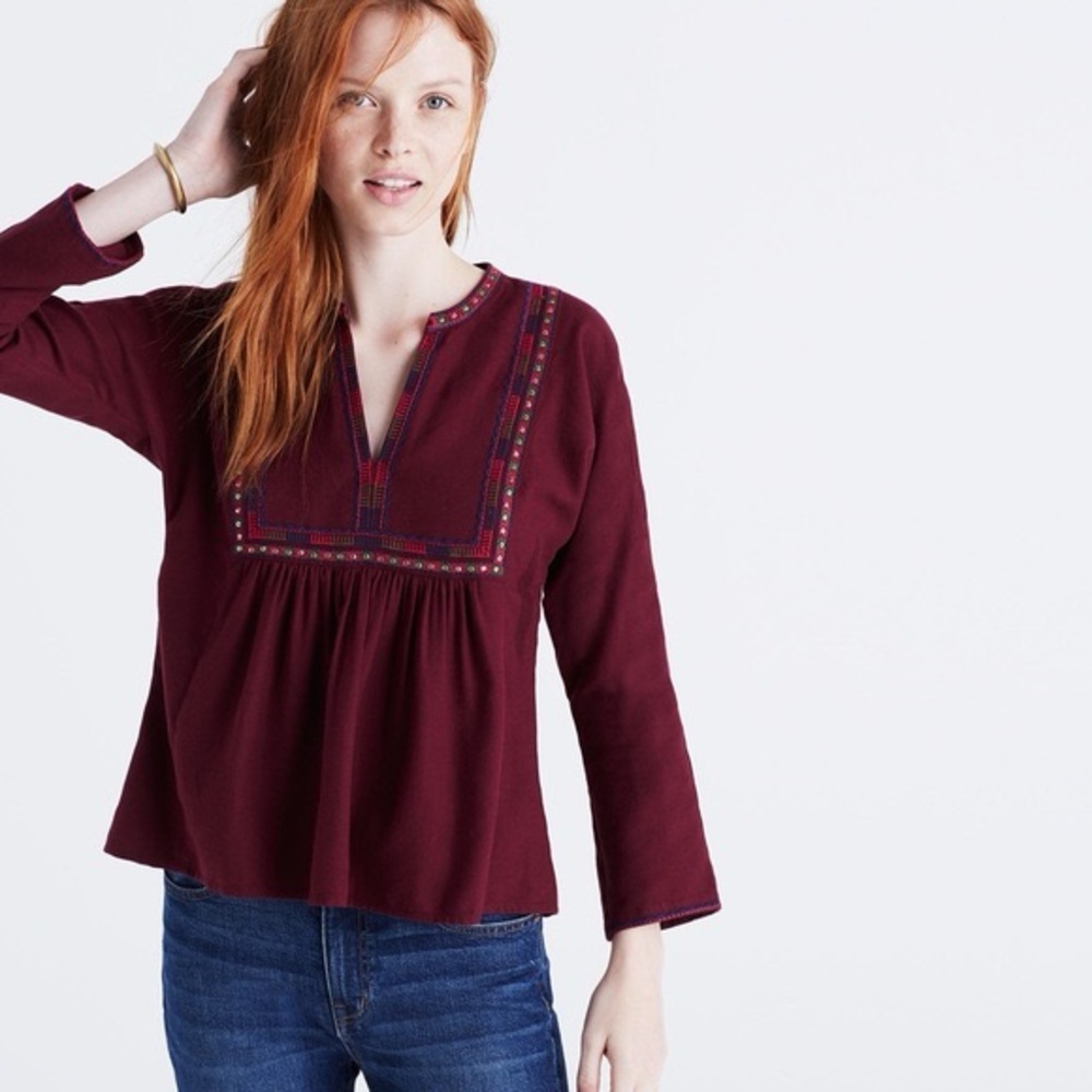 Madewell Java Boheme Embroidered Maroon Wool Blend 3/4 Sleeve Blouse Small Top